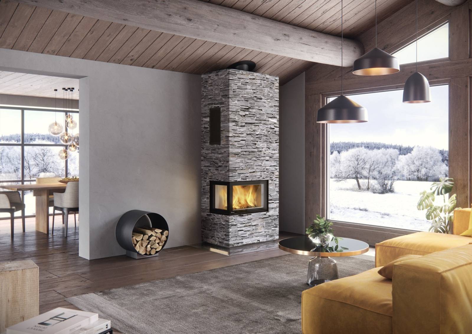 Cheminée d'angle avec vision sur deux côtés