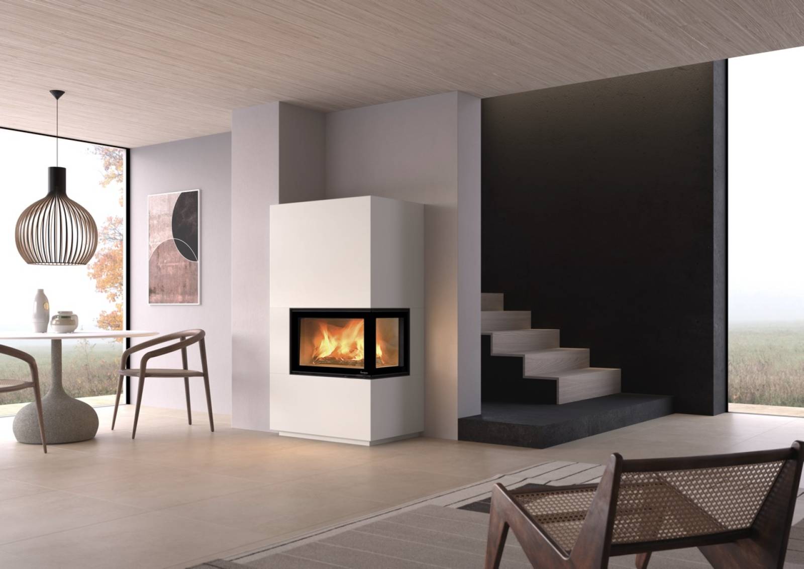 Cheminée d'angle et son habillage pierre