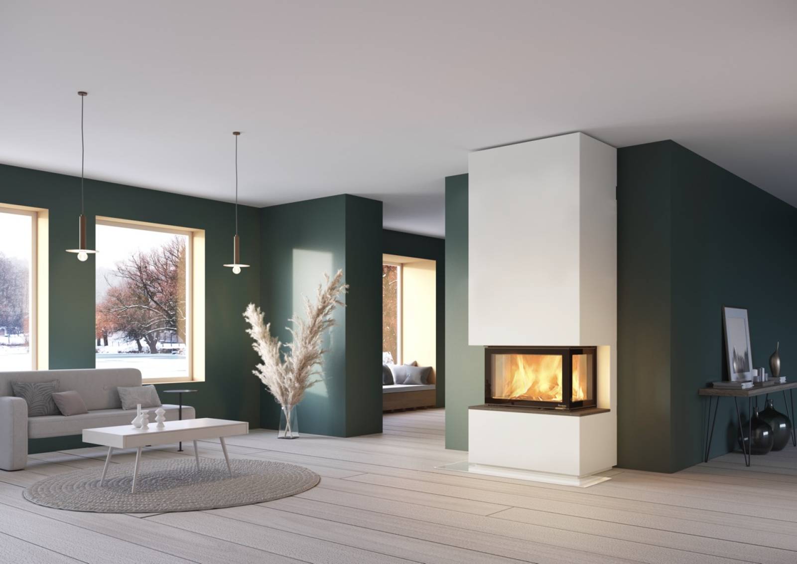 Cheminée contemporaine avec large vision du feu 