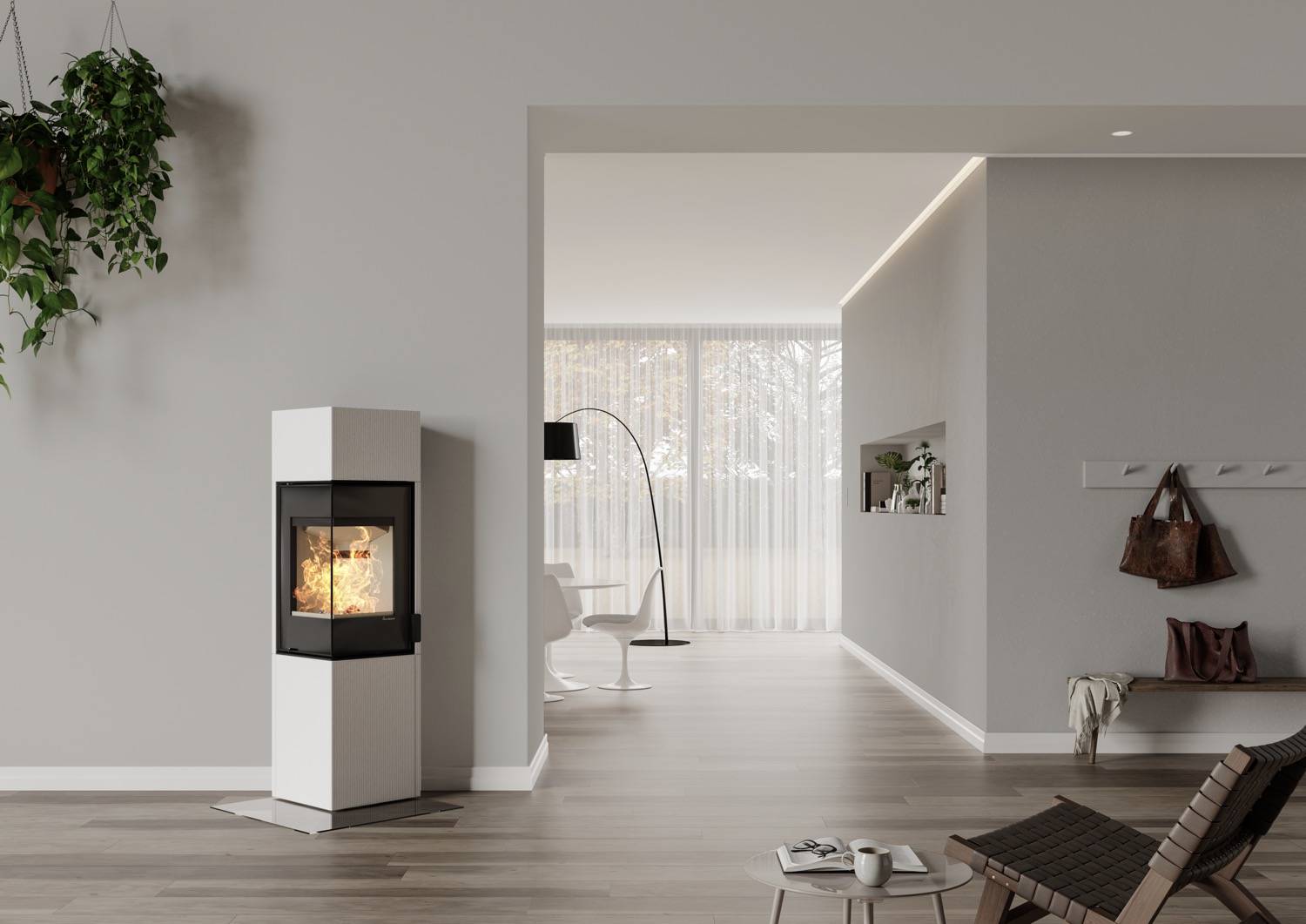 Cheminée pour petits espace avec vision en angle du feu et habillage blanc